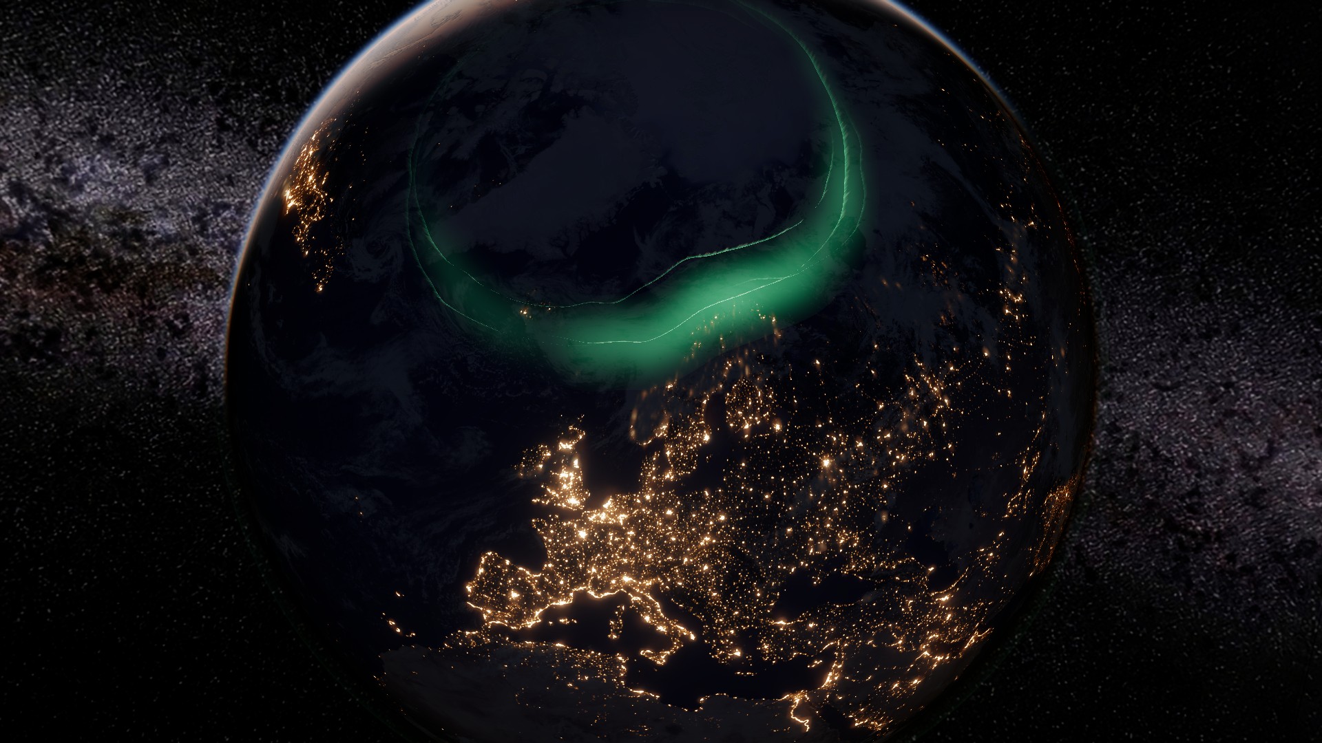 Night side: city lights and aurora
